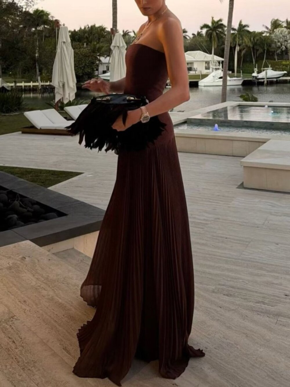 BEST Alexis Sunniva Maxi Dress Gown Cafe Brown Pleated Party Cocktail Wedding - Picture 2 of 13
